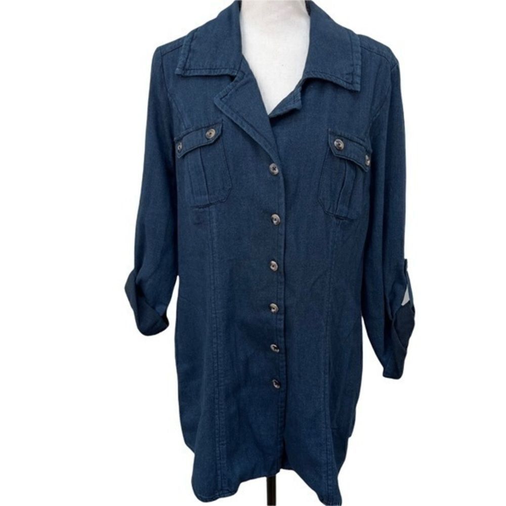 CAbi Dark Chambray Button Front Jacket Womens Size Small Roll Tab Sleeve Cotton